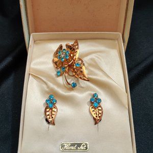 Vintage 50's NOS Priscilla Aquamarine Rhinestone Rose Gold Tone Brooch Earrings